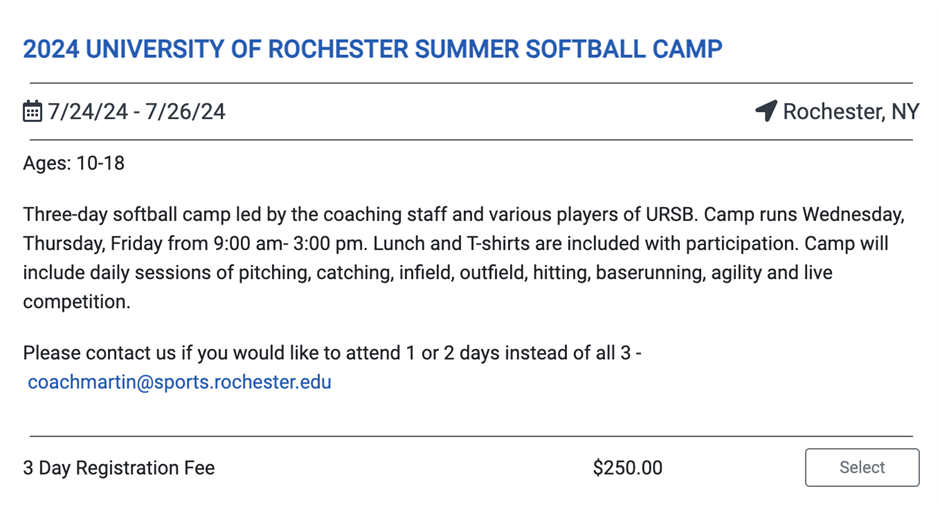 University of Rochester Softball Camp